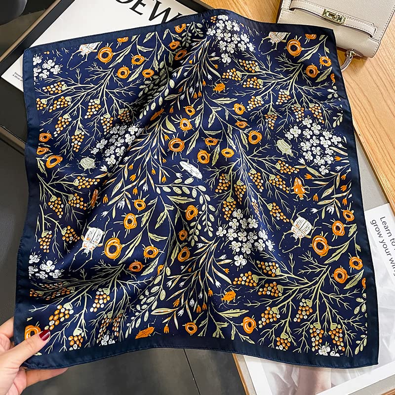 FEIBOON Mulberry Silk Scarf 21"x21" Small Square Scarfs for Women - color: Blue Flowers-3