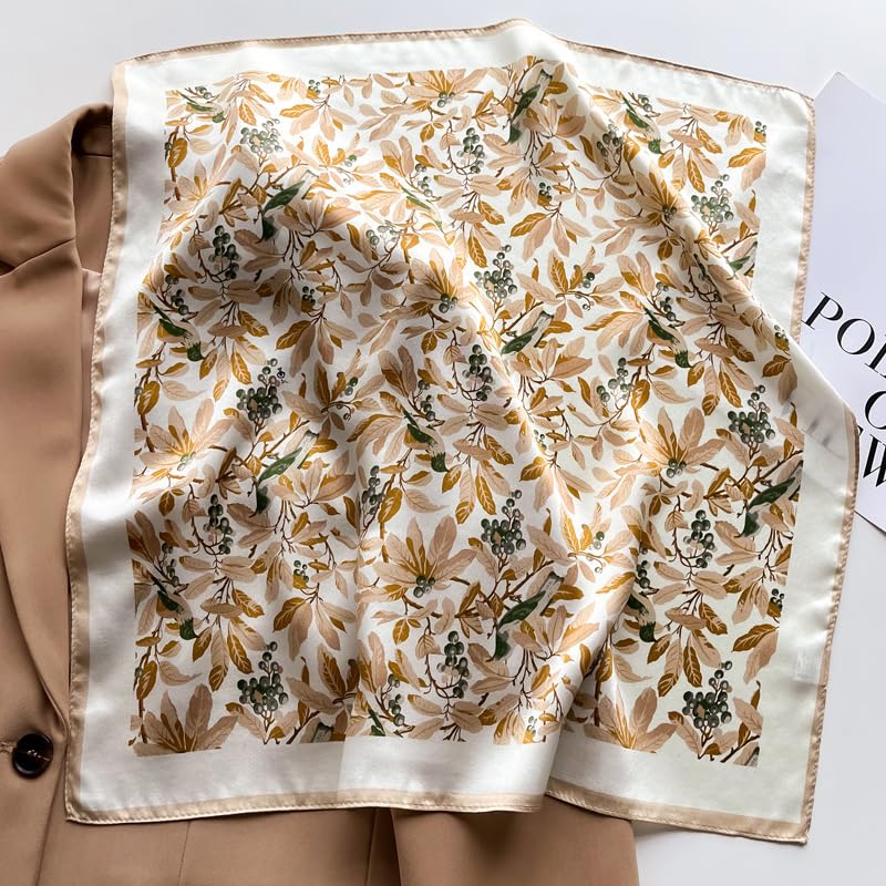 100% Pure Mulberry Silk Scarf 21" Women Square Scarf Neckerchief Headscarf - color: M3 White Khaki Floral