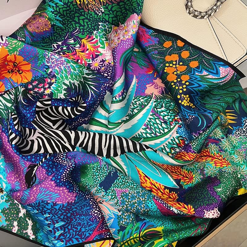 FEIBOON Mulberry Silk Scarf 21"x21" Small Square Scarfs for Women - color: Blue Grassland+zebra