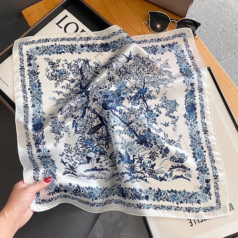 100% Mulberry Silk Scarfs Small Square Scarf 21"x21" Neck Scarf for Women - color: 3-blue White Flowers
