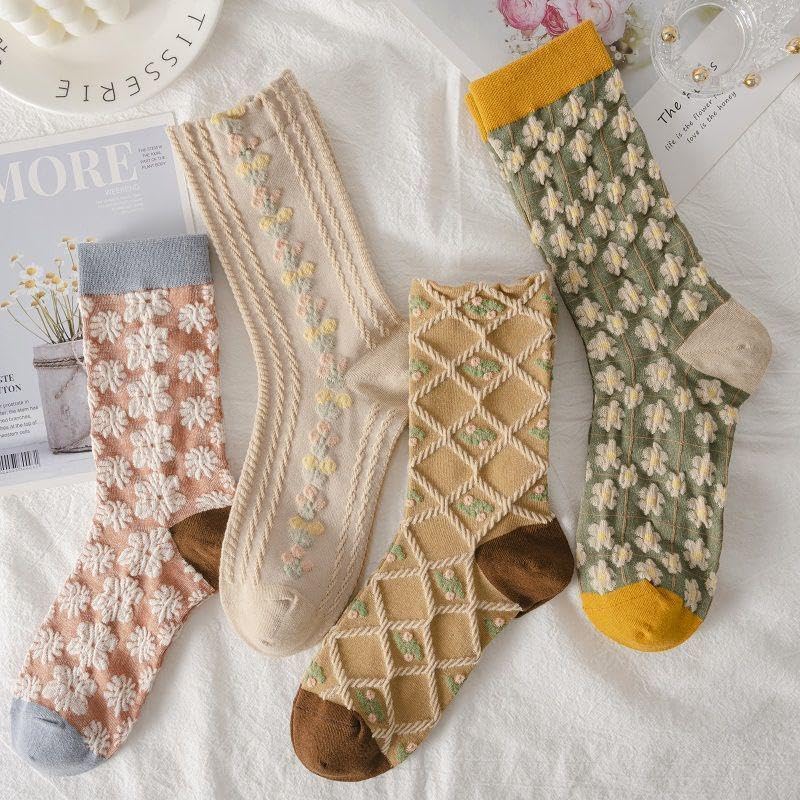 6 Pairs Socks for Women Mid Calf Socks Embossed Vintage Floral Pattern Women's Sock