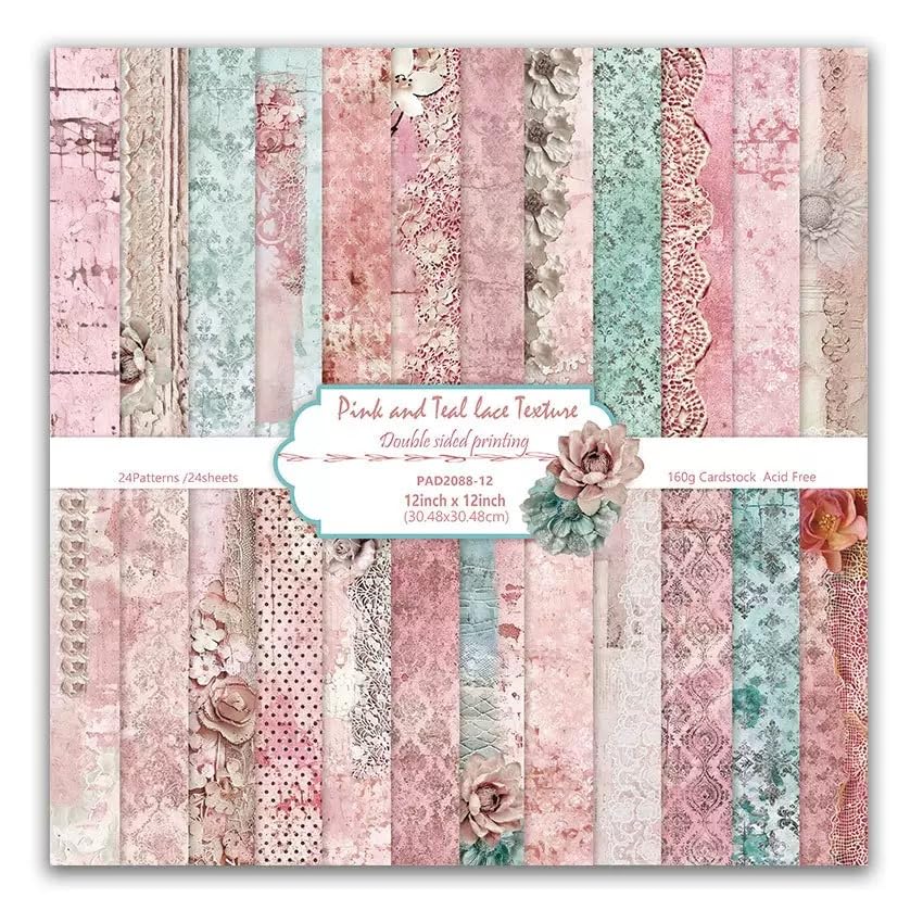 Pink Lace Scrapbook Paper Vintage Flower Pattern Papers Pad 12×12,24 Sheets Double-Sided Bobo Floral Scrapbooking CardStock Paper Pad for Holiday Cardmaking DIY junk Journal Papers. - color: Pink