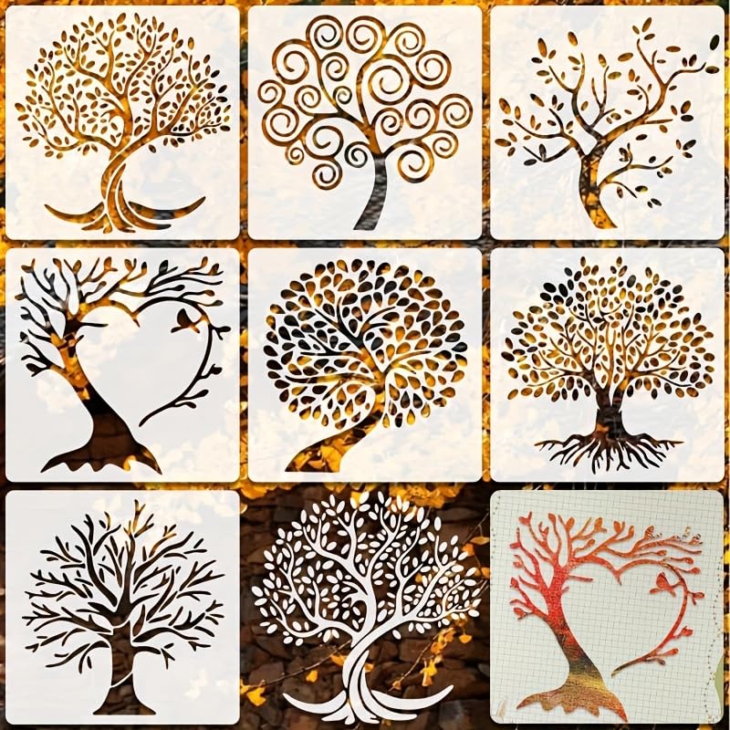 7 Pcs Reusable Tree Stencils, Nature Pattern Painting Templates for Wall Art, DIY Crafts & Home Decor - color: 7 Tree