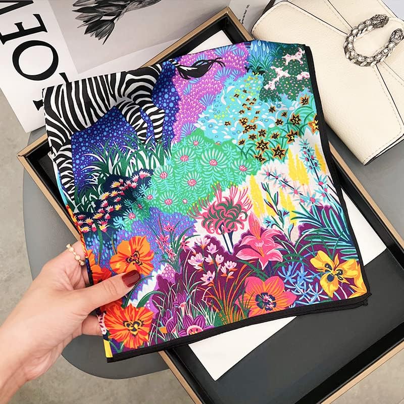 FEIBOON Mulberry Silk Scarf 21"x21" Small Square Scarfs for Women - color: Blue Grassland+zebra