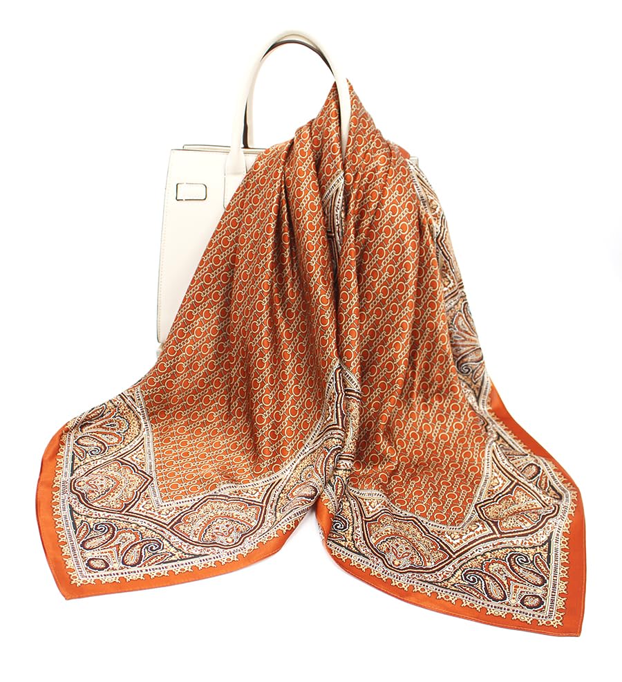 ANDANTINO 100% Mulberry Silk Scarf -Women 35" Square Hair Wraps-Gift Packed - color: Chains-caramel