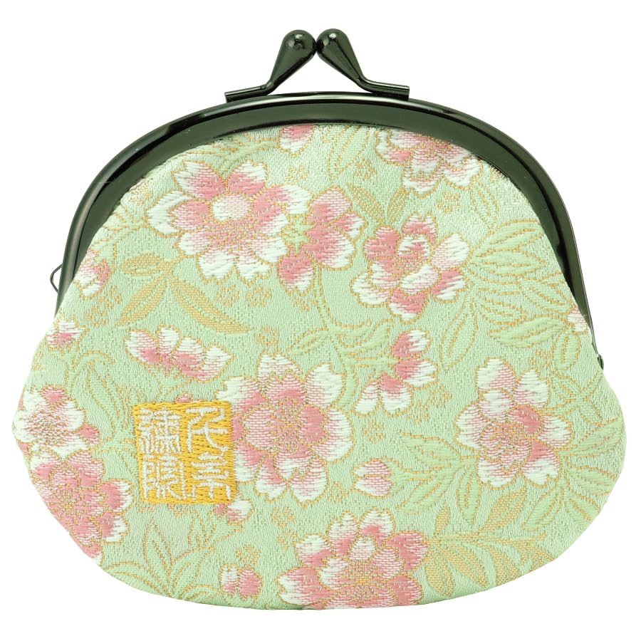 Nishijin brocade round clasp purse/coin purse with lining, size L. (Wakababotanzakura) - color: Wakababotanzakura