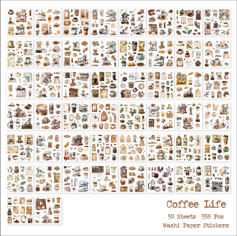 558pcs Coffee Journal Stickers, Ephemera for Junk Journaling Supplies, 50 Sheets Pre-Cut Washi Scrapbook Sticker Book for Scrapbooking, Bujo, Collage, Planners, DIY Art Crafts - color: Coffee Life Stickers
