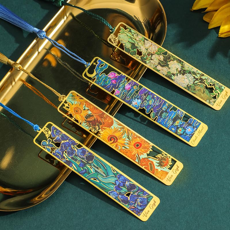 icceemee 12 Pieces of Gold Hollow Bookmarks with Tassels, Featuring Van Gogh and Monet Oil Painting Themes Perfect for Book Lovers, Writers, Readers, Children, Teenagers, Men, Women, and Adults - style: Oil Painting Themes 12