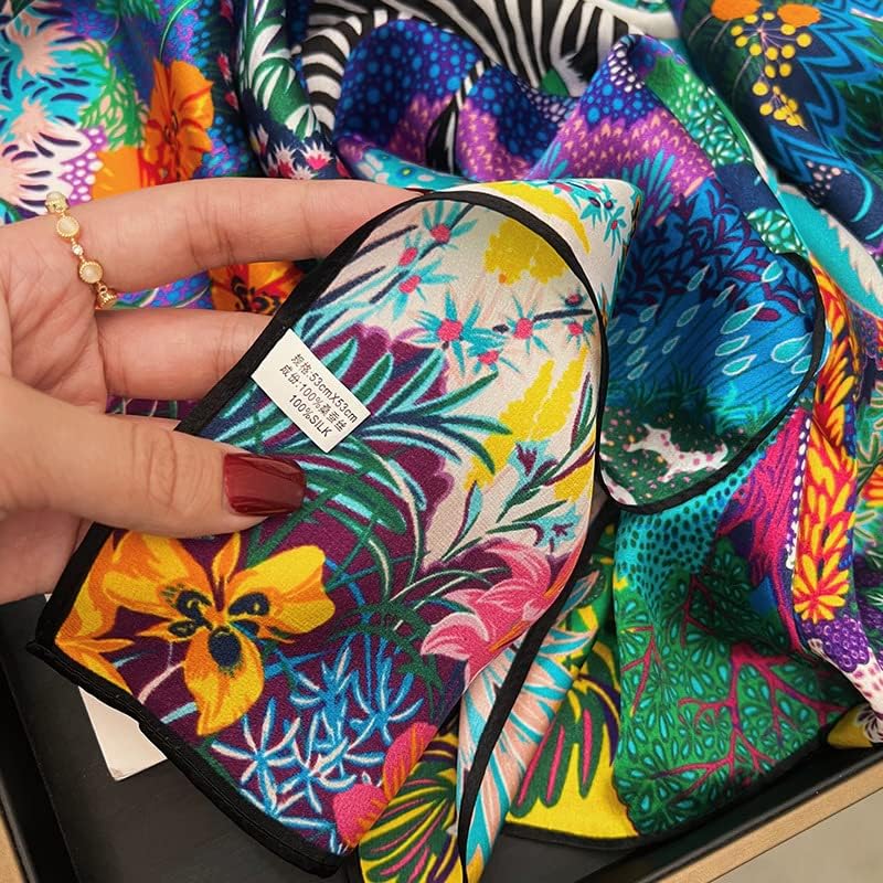FEIBOON Mulberry Silk Scarf 21"x21" Small Square Scarfs for Women - color: Blue Grassland+zebra