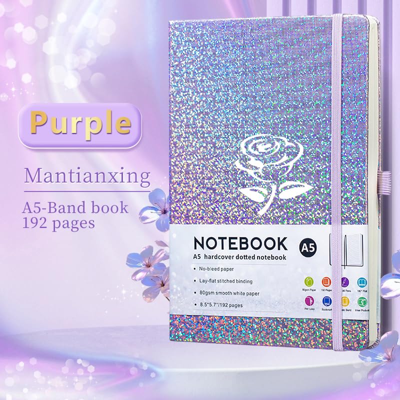 HJWKJUS Bling A5 Lined Journal Notebook with Pen for Girls Women, Purple - color: Purple-Flower