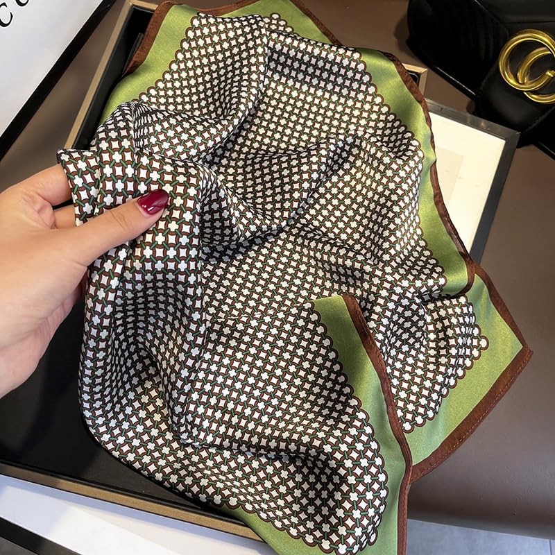 100% Pure Mulberry Silk Scarf 21" Women Square Scarf Neckerchief Headscarf - color: Green Coffee Pattern