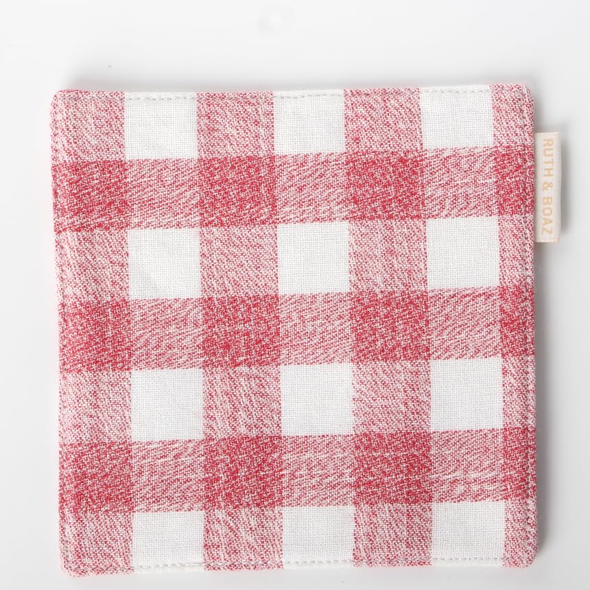 RUTH&BOAZ Plaid, Embroidery 100% Cotton Fabric Coasters for Drinks and Home Dinners/Set of 6/4" Square (Block RED) - color: Block Red