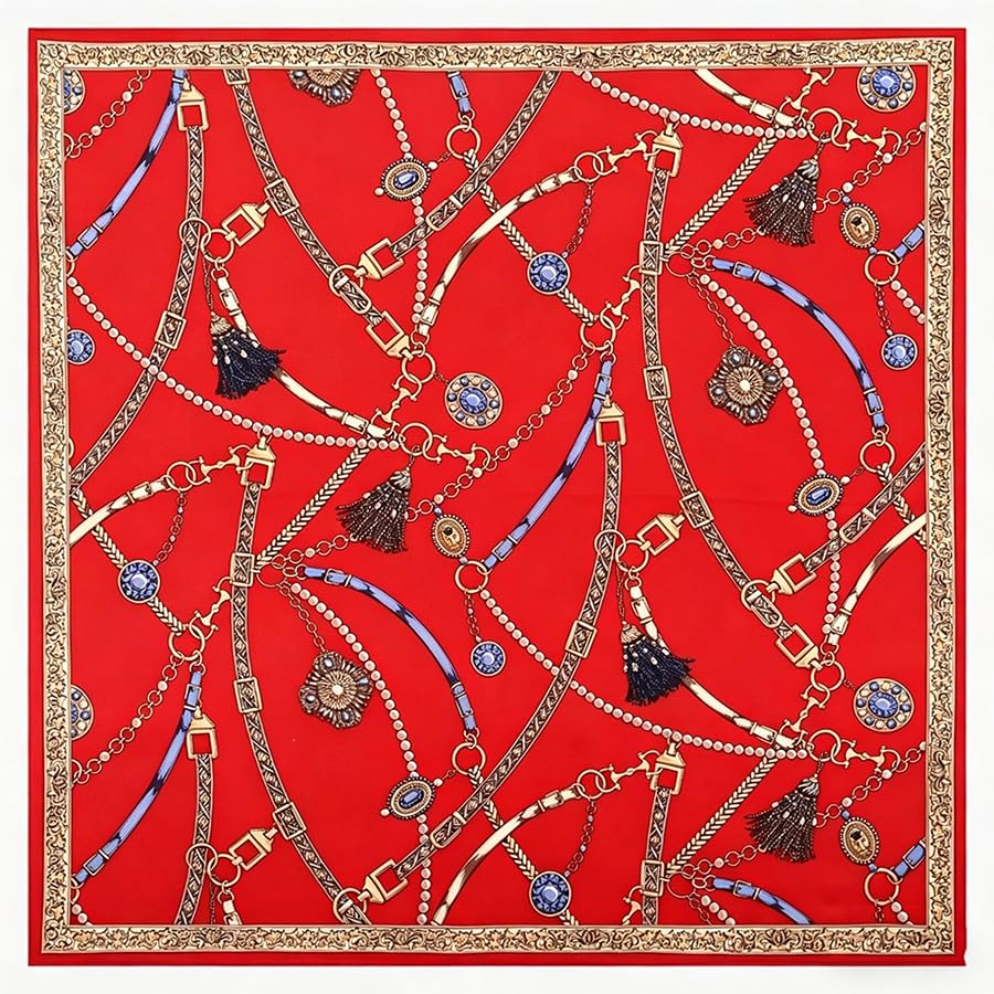ANDANTINO 100% Mulberry Silk Scarf -21” Square Neckerchief with Gift Packed - color: Chains-gold&red