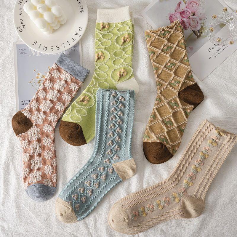 6 Pairs Socks for Women Mid Calf Socks Embossed Vintage Floral Pattern Women's Sock