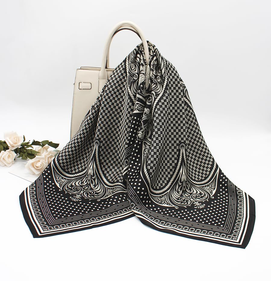 ANDANTINO 100% Mulberry Silk Scarf -Women 35" Square Hair Wraps-Gift Packed - color: Black & Creamy White