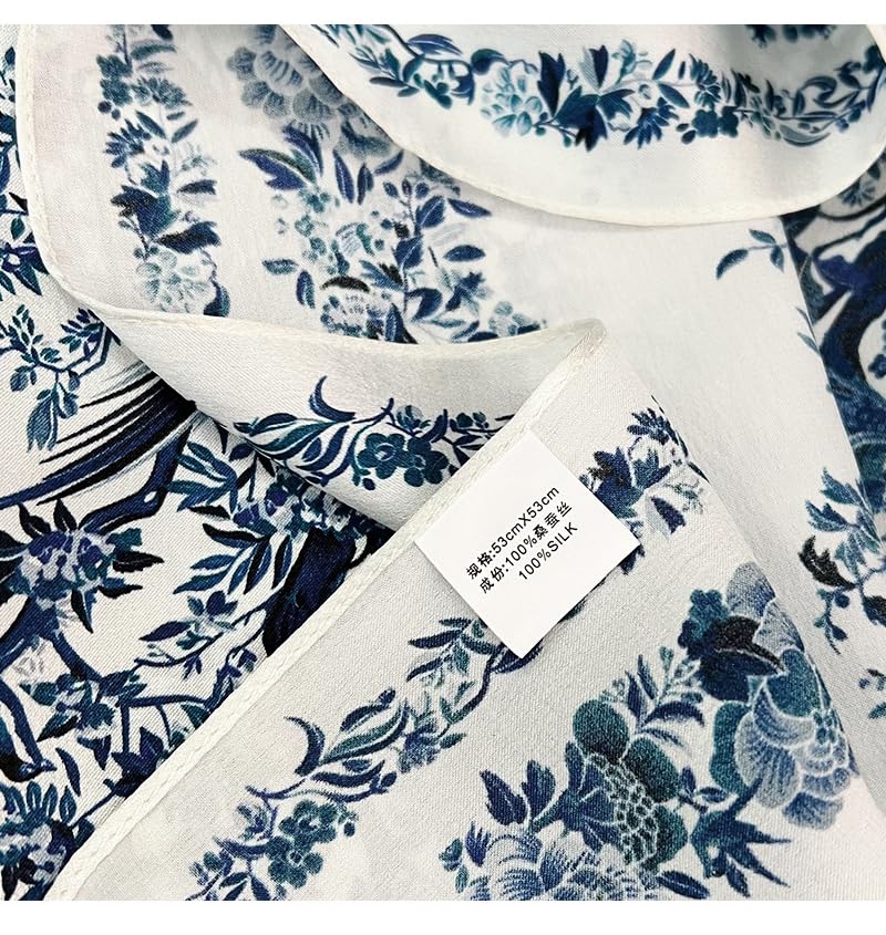 100% Mulberry Silk Scarfs Small Square Scarf 21"x21" Neck Scarf for Women - color: 3-blue White Flowers