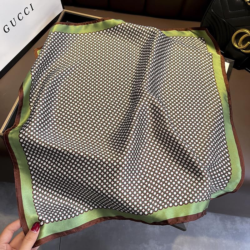 100% Pure Mulberry Silk Scarf 21" Women Square Scarf Neckerchief Headscarf - color: Green Coffee Pattern