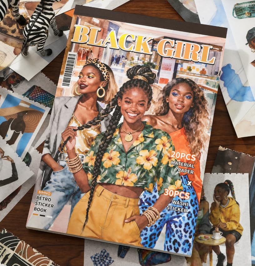 Black Girl Sticker Book - Aesthetic Scrapbook Supplies for Journaling, Planners, Laptops, Water Bottles, Phone Cases & DIY Craft Gifts - color: Girl