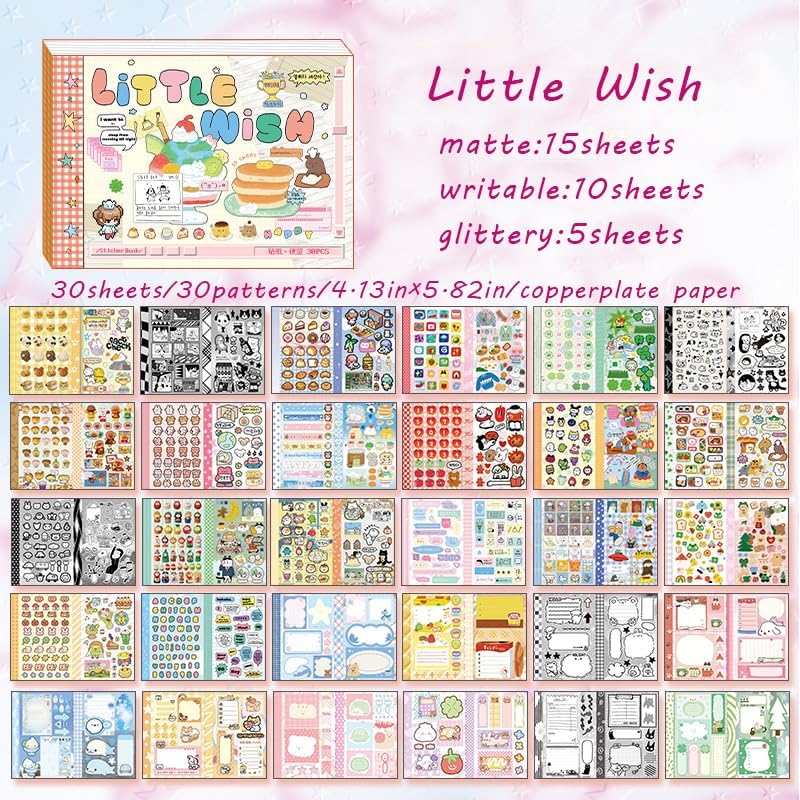 Kawaii Japanese Stickers for Journaling Supplies, Korean M5 Sticker Book - color: Wish