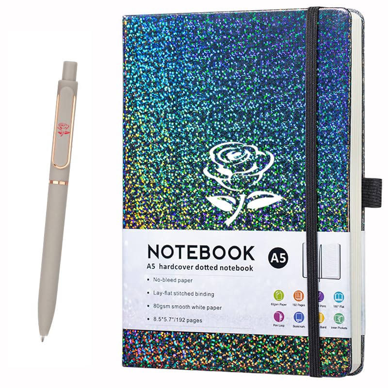 HJWKJUS Bling A5 Notebook with Pen, Lined Journal Notebook A5 Notepad for Girls Women,Cute Heart Pattern Design Glitter Laser Diary College Ruled Hardcover Notebook for Work, School, Note Taking, Business (Grey Black-Flower) - color: Grey Black-Flower