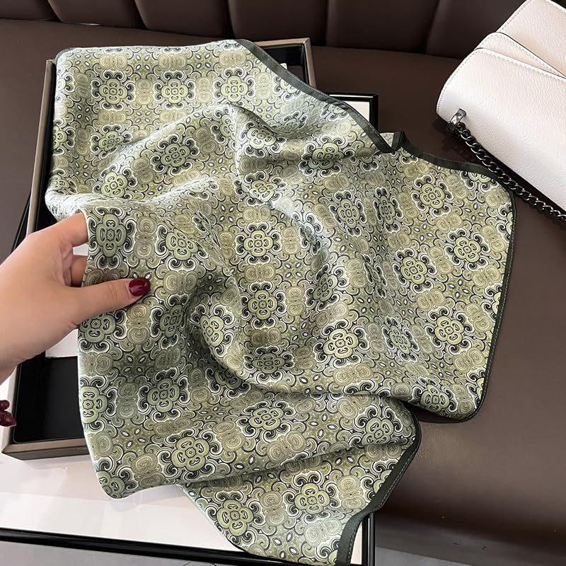 100% Pure Mulberry Silk Scarf 21" Women Square Scarf Neckerchief Headscarf - color: Light Green Pattern