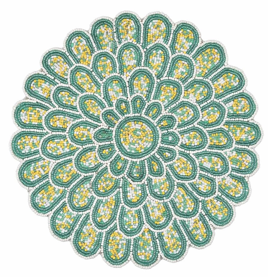 13 inch Round Beads Placemats Handcrafted Glass Beaded Polyester Table Mats - Place Mats for Harvest Autumn Kitchen Dining Party Table Decor Festival Everyday Use (Green White) - ALPHA Living HOME - color: Teal Light Ivory, size: Set of 1