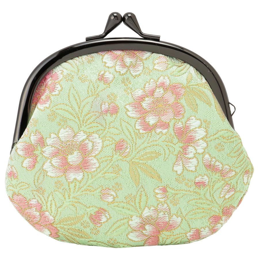 Nishijin brocade round clasp purse/coin purse with lining, size L. (Wakababotanzakura) - color: Wakababotanzakura