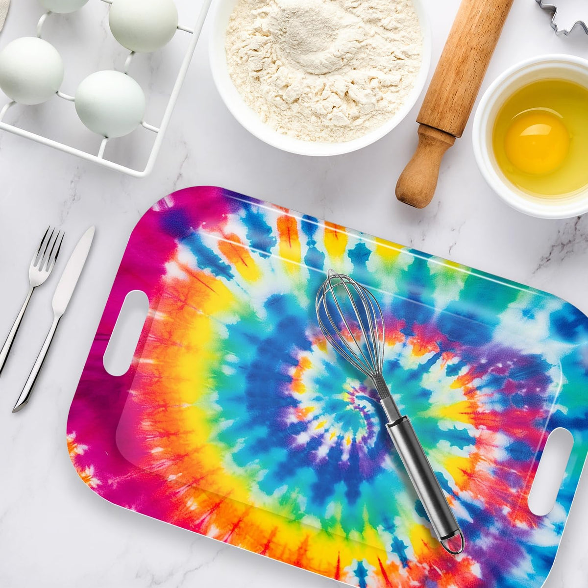 Serving Trays with Handles, 14.5 x 9.8 inch Rectangular Plastic Tray for Restaurant, Kitchen, Tie-Dye Colorful Spiral Patterns - color: Tie-dye Colorful Spiral Patterns