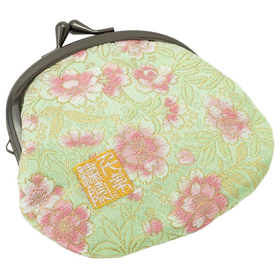 Nishijin brocade round clasp purse/coin purse with lining, size L. (Wakababotanzakura) - color: Wakababotanzakura