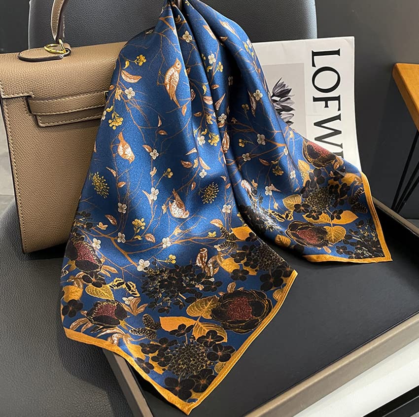 100% Mulberry Silk Scarf - 25.6" Square Neckerchief & Headscarf Gift Packed - color: Night Flowers
