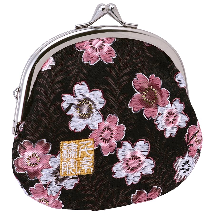 Nishijin brocade round clasp purse/coin purse with lining, size L. (Kuromomozakura) - color: Kuromomozakura