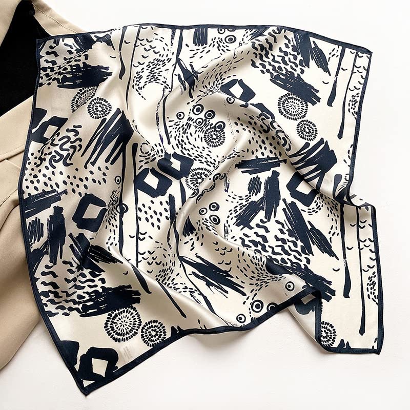 FEIBOON Mulberry Silk Scarf 21"x21" Small Square Scarfs for Women - color: Black Abstract