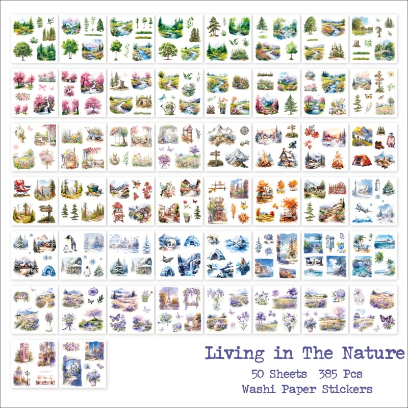 Seasonal Nature Landscape Stickers for Junk Journal Supplies, 50 Sheets Pre-Cut Washi Scrapbook Sticker Book for Journaling, Scrapbooking, Bujo, Planners, Card Making, Collage, Art Crafts - color: Living in the Nature Stickers