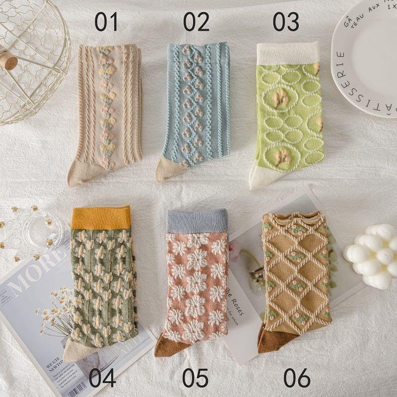 6 Pairs Socks for Women Mid Calf Socks Embossed Vintage Floral Pattern Women's Sock