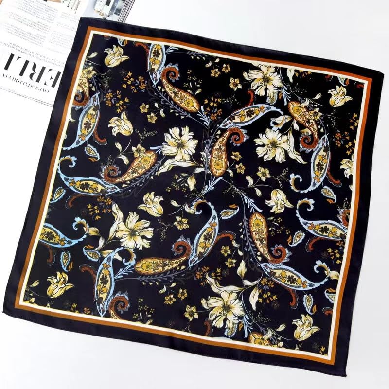 ANDANTINO 100% Mulberry Silk Scarf -21” Square Neckerchief with Gift Packed - color: Flowers-black