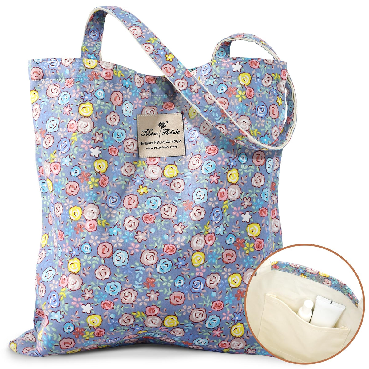 Miss Adola Aesthetic Buckle Tote Bag for Women - color: Blue Colorful Flowers